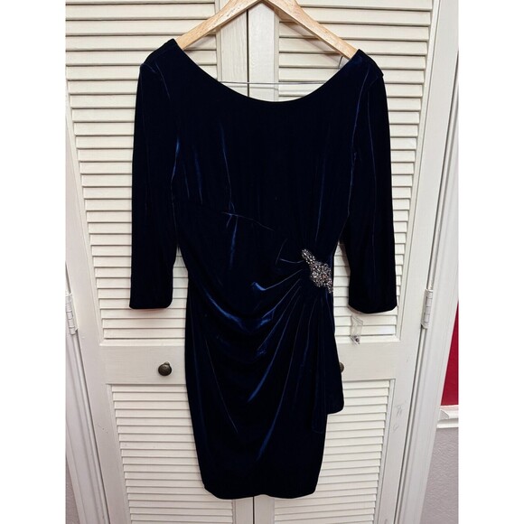Alex Evenings Dress Women 14 Plus Navy Blue Side-Ruched Beaded Event Occasion - Picture 7 of 8